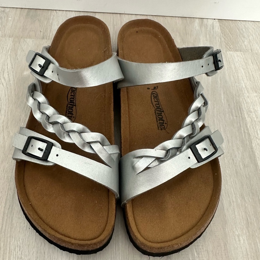 Aerothotic Women Silver Braided Strap Cork Footbed Sandals Size 40